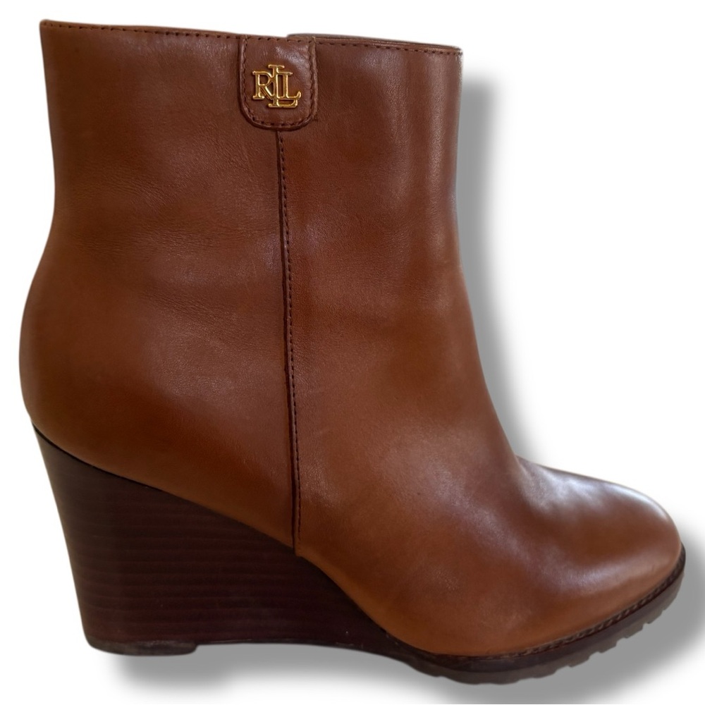 Lauren Ralph Lauren “Shaley” Chestnut Brown Calfskin Wedge Bootie. Women Size 6
